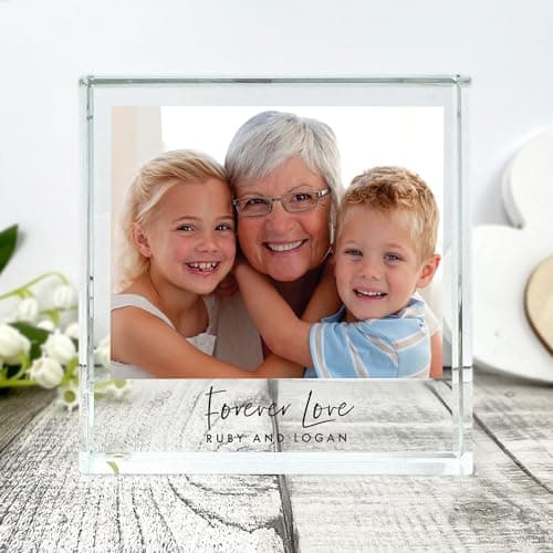 Image of Personalised Glass Photo Crystal Token - Custom Any Message | Freestanding Solid Glass Block - Birthday, Anniversary, Mother’s Day, Wedding Gift | Unique Keepsake for Special Occasions | 9x9x2cm