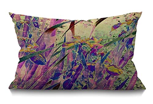 Image of BGBDEIA Floral Cushion Cover 12x20 Inch Vintage Art Nature Irises Flower Leaves Rectangle Pillow Cases Home Decorative Cotton Linen Throw Pillow Cover for Bed Sofa Purple Green 30 x 50 cm