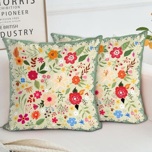 Image of HZYKDWD Floral Pillow Covers 50x50 cm Set of 2,Green Farmhouse Floral Pillow Covers Decor Double Sided Pattern Cushion Cover Soft Pillow Case Living Sofa Room Bed Porch Patio Square Pillow Cover