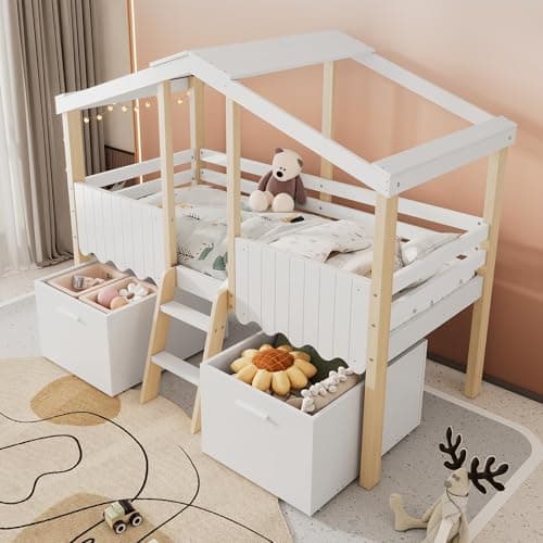 Image of Jovify Wooden House Bed with 2 Large Drawers and Slatted Frame, Solid Pine Wood Cabin Bed Frame, 3ft Single Tree House Canopy Beds Children's Storage Beds With Ladder and Guard Rail, 190x90 cm, White