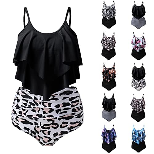 Image of Womens Two Piece Tankini Swimsuit UK Clearance Ladies Ruffled High Waist Swimming Costume Patchwork Swimwear Spaghetti Straps Bathing Suit Scoop Neck Bikini with Shorts Padded Tummy Control Beachwear