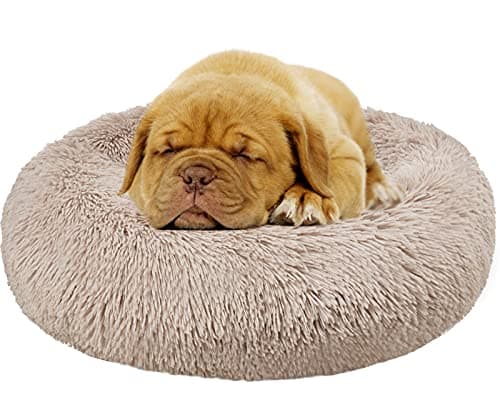 Image of Enjamoy Plush Donut Dog Bed, Calming Round Dog Cat Bed Soft and Fluffy Cuddler Pet Cushion Self-Warming Puppy Beds Machine Washable, Brown 60cm