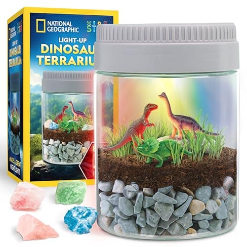 Image of National Geographic Dinosaur Terrarium Kit for Kids – Multicolor Light Up Terrarium, Build a Dino Habitat with Real Plants, Dinosaur Science Toys