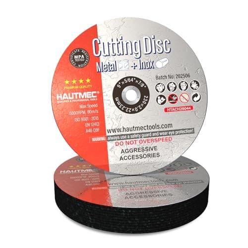 Image of HAUTMEC Expert Grade Cut Off Wheels 230 x 2.0 x 22.23mm, 10 Pack Metal Cutting Discs for Angle Grinder, Premium Aluminium Oxide Abrasive for Aggressive Cutting Metals, MPA Certified, HTACH25044