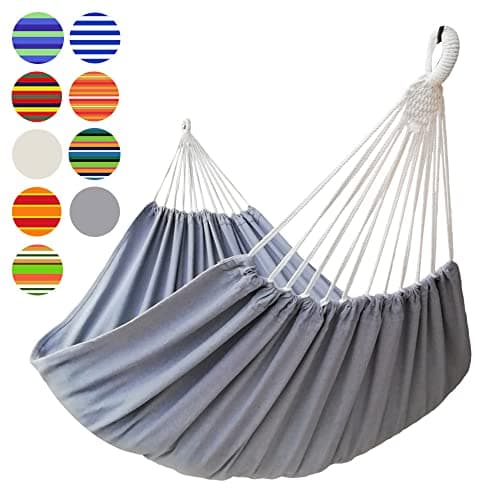 Image of GOCAN Brazilian Double Hammock 2 Person Extra Large Canvas 220x150cm Total Length 330cm Load 300kg Cotton Hammock for Patio Porch Garden Backyard Lounging Outdoor and Indoor(Grey) XXL