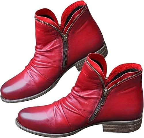 Image of Ankle Boots for Women UK Chelsea Boots Women Arch Support Low Heel Fashion Casual Outdoor Walking Shoes Classic Side Zipper Non Slip Booties Red