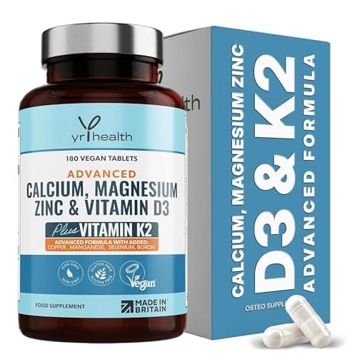 Image of Calcium, Magnesium, Zinc and Vitamin D Plus Vitamin K2 MK-7 Tablets - Osteo Supplement - 180 Vegan Tablets not Capsules - Made in the UK by YrHealth
