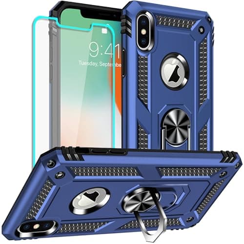 Image of for iPhone X Case, iPhone Xs Case with Screen Protector, Silicone Shockproof Military Grade Protective Phone Cover with Ring Kickstand for Apple iPhone X/Xs (Blue)