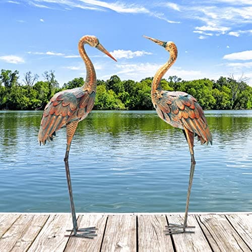 Image of TANGZON Garden Ornaments Set of 2, Metal Crane Garden Statues Pair Sculpture Art, Indoor Outdoor Decorative Crane in Pose Ornaments for Home Patio Lawn Yard Landscape
