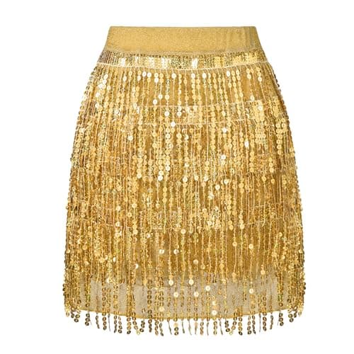 Image of LOLANTA 2PCS Girls Sequin Skirt Sparkly Tassel Fringe Performance Party Skirt with Shorts Mardi Gras Glitter Dance Skorts Iridescent Rave Festival Skirts, Gold, 14-15 Years, 170