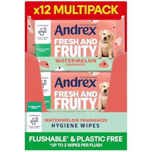 Image of Andrex Fresh and Fruity Hygiene Wipes, 12 Packs, Flushable Toilet Tissue Wet Wipes with Watermelon Fragrance-Biodegradable and Plastic-Free - Use with Regular Toilet Roll for a Shower Fresh Clean