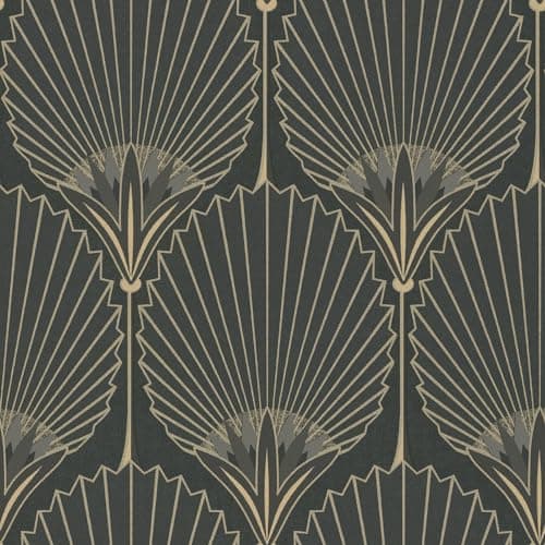 Image of Grandeco Art Deco Nile Palm Textured Wallpaper, Black Gold