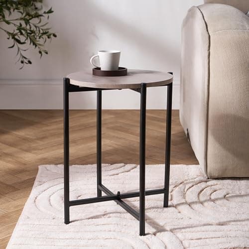 Image of OHS Side Table Living Room, Marble Look Top Round Coffee Table with Sturdy Metal Frame Decorative Small Tables Nightstand Bedside Tables for Bedroom Living Room Home Office, Natural