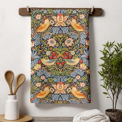 Image of William Morris Strawberry Thief Tea Towel Vintage Floral Bird Kitchen Towel Cottagecore Botanical Dish Cloth Farmhouse Decor Blue Red Gift Idea Home Accessory Arts Crafts Heritage Print Wall Hanging