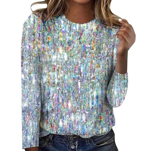 Image of Ladies Sweatshirts Without Hood Plus Size | Sequin Tops for Women Party Soft Comfort Blouses for Women Elegant Smart Fashion Crew Neck Womens Jumpers Thin Women's Fleece Pullover Sweatshirt Blue