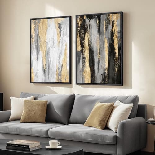 Image of Large Framed Black and White Abstract Wall Art for Living Room, Set of 2 Piece Minimalist Canvas Prints Paintings Artwork for Walls, Modern Black Gold Pictures for Hallway Office Wall Decor Big Size
