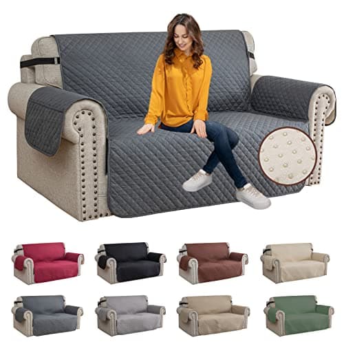 Image of XINEAG Quilted Sofa Covers 2 Seater, Water Resistant Loveseat Covers Sofa Slipcovers with Pockets, Non Slip Sofa Cover for Dogs, Washable Furniture Protector with Elastic Strap (Loveseat, Dark Grey)