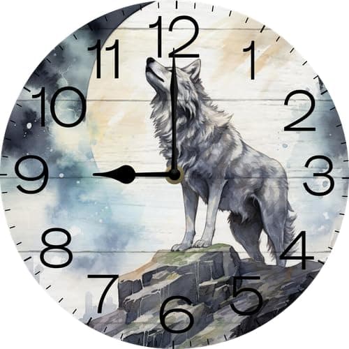 Image of Vdenvileye Wall Clock,Wolf Kitchen Decor and Accessories, Decorative Battery Operated Clocks for Living Room Bedroom Bathroom Farmhouse, 25cm