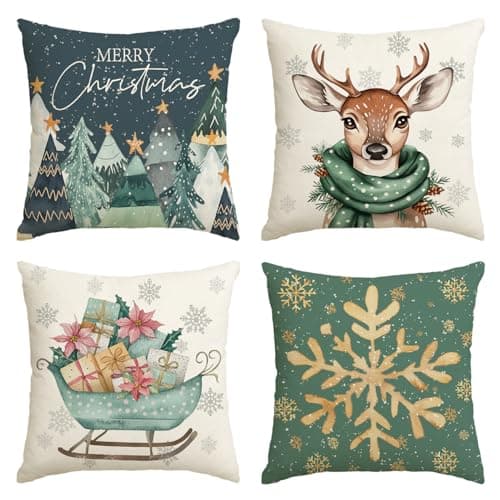 Image of Artoid Mode Gifts Deer Trees Sleigh Snowflakes Christmas Cushion Covers Set of 4, 45x45 cm Xmas Decorative Pillow Case Cover Sofa Living Room Decor
