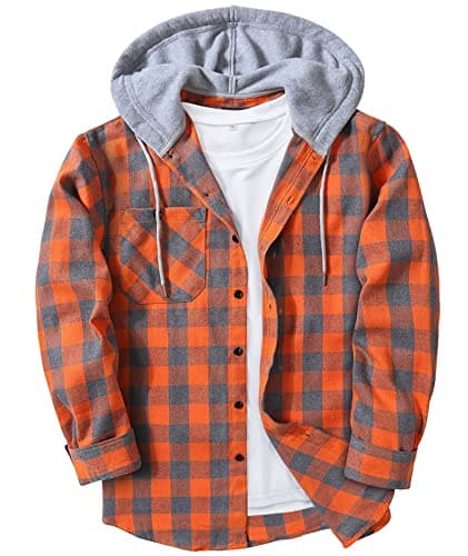 Image of JACKETOWN Men's Plaid Casual Sweatshirt Hoodie Long Sleeve Shirt with Pocket Button Down Checked Jacket Flannel Regular Fit 4 Seasons Lumberjack Orange