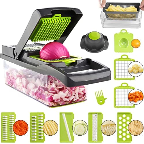 Image of ADOV Vegetable Chopper, Multi-Function Kitchen Mandoline Slicer, 7 Replaceable Stainless Steel Vegetable Cutter with Egg Divider, Safety Guard, Julienne Grater for Onion Potato Fruits - Grey