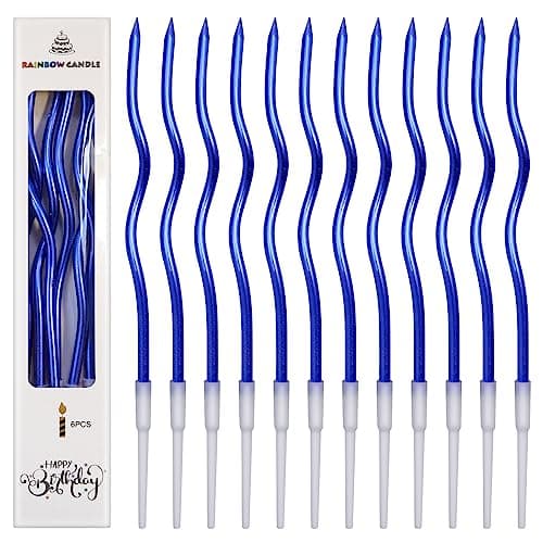 Image of 12 Birthday Candles Metallic, 16CM Long Thin Cupcake Candles Topper, Blue Cake Candle with Holders, Spiral Candle for Wedding Baby Party Cake Decorations