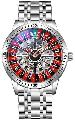 Image of FANMIS Men's Luxury Roulette Wheel Automatic Mechanical Watch Hollow Skeleton Dial Design Watches Stainless Steel Waterproof Business Luxury Automatic Self-Wind Wristwatch, Silver Steel