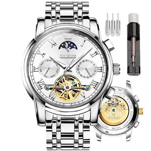 Image of OLEVS Mens Automatic Watches Skeleton Mechanical Self Winding Luxury Dress Wrist Watch Moon Phase Day Date Waterproof Luminous Two Tone Watches Gifts