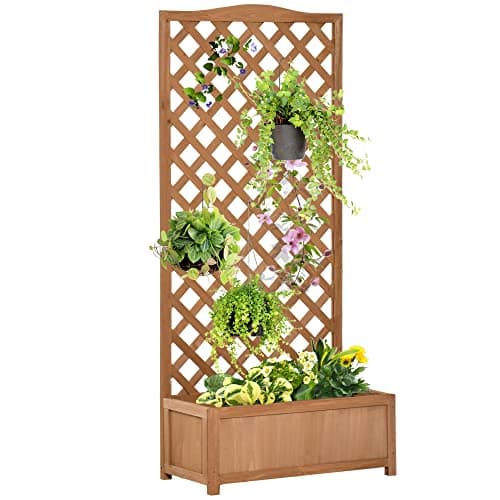 Image of Outsunny Wooden Planter with Trellis, Freestanding Raised Bed for Garden with Lattice, Outdoor Planter Box for Climbing Plants, Vines, Flowers, 76 x 36 x 170 cm, Brown