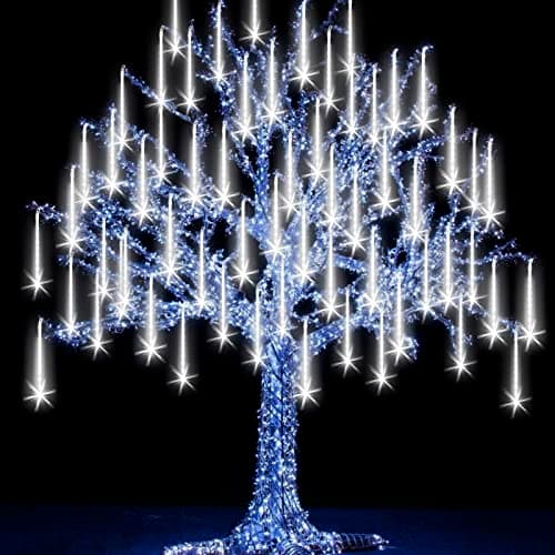 Image of Grandisk Meteor Lights LED Meteor Shower Lights with 8 Tubes 192 LEDs Falling Rain Drop String Lights Waterproof Icicle Snow Fall String Lights for Christmas Tree(8 Tubes,White)