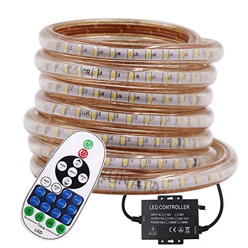 Image of GQL Dimmable 3014 LED Strip Remote Kit, 120 LEDs/m Waterproof Rope Light, Dimmer&Timmer Control, Mains Powered Indoor Outdoor Decoration UK Plug Warm White Ribbon Lighting- 9m