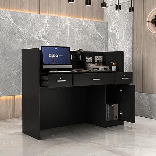 Image of DEZAGCE Black Reception Desk, Modern Checkout Front Desk Reception Counter with Lockable Drawer, Open Shelf and 1-Cupboard, Reception Station for Salon/Store/hotel/office, 120L X 48D X 110H cm