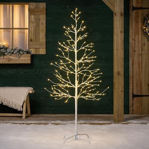 Image of Christow White Twig Tree With Lights 5ft, Light Up Outdoor Christmas Tree, Pre Lit Indoor Birch, Warm White Micro LED, Mains Operated (240 LED)