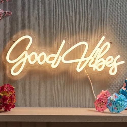 Image of Marco Paul Good Vibes Neon LED Light, USB-Powered Warm White Hanging Neon Wall Sign, Low Voltage LED Lights for Home Decoration, Lounges, Home Bars, Living Rooms and Entertainment Areas.