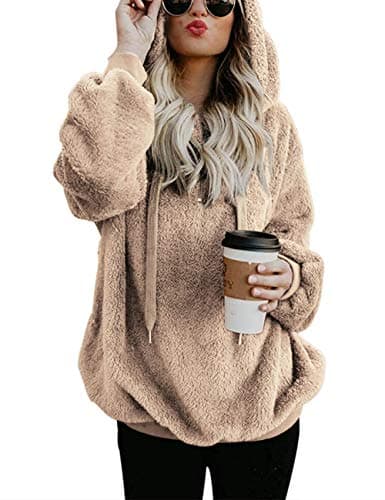 Image of iWoo Fluffy Hoodie Women Pullover Autumn Winter Warm Hooded Sweatshirt Solid Color Cozy Teddy Fleece Jackets for Women(Khaki,XXL)