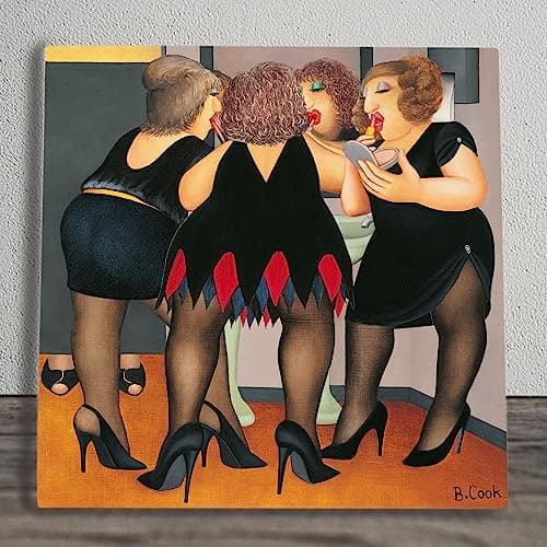 Image of Global Designs Getting Ready Ceramic Tile Plaque Sign Wall Art Picture By Beryl Cook UV Printed Artwork Girls Night out 20x20cm