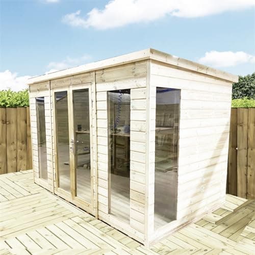 Image of 16 x 8 PENT Pressure Treated T&G Pent Summerhouse with Higher Eaves and Ridge Height Toughened Safety Glass + Euro Lock with Key (16' x 8' / 16ft x 8ft)