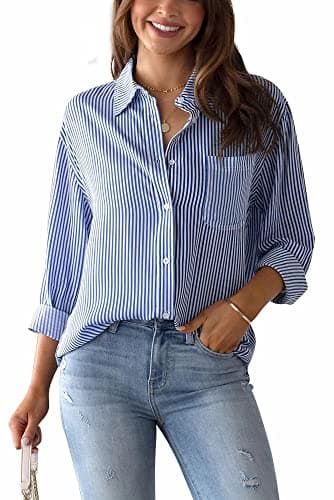 Image of Women Striped Shirts Casual V Neck Cuffed Long Sleeve Blouses Button Down Shirt Ladies Tops Elegant Summer Blouses Basic Longline Shirts Office Work Tops Blue XL
