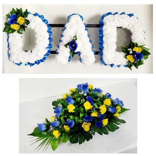 Image of DAD/Any 3 letters with Coffin Spray Artificial Silk Funeral Tribute Name Flowers Letter Wreath Memorial