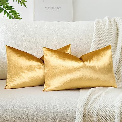 Image of JOTOM Set of 2 Velvet Soft Solid Cushion Covers 30x50 cm Decorative Throw Pillow Covers Soft Lumbar Cushion Case Couch Home Decor Throw Pillow Cases for Sofa Bedroom 12x20 Inch (Gold)