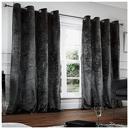 Image of GC GAVENO CAVAILIA Crushed Velvet Curtains Blackout Eyelet Ring Top Pair Of Fully Lined Curtains - Charcoal 90"" X 90"" | Elegant Window Treatment For Doors & Bedrooms