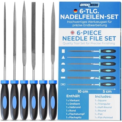 Image of EffektWerk - 6 pc Needle File Set for Wood, Metal, Plastic and Jewellery - 150x3mm - Small Round, Half Round, Square, Triangle, Flat and Flat Pointed Files - Fine Finishing with Ergonomic Handles