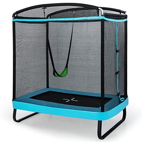 Image of COSTWAY 2 in 1 Kids Trampoline, 6FT Toddler Trampolines with Swing and Enclosure Safety Net, Rectangle Trampoline for Outdoor (Black + Blue)
