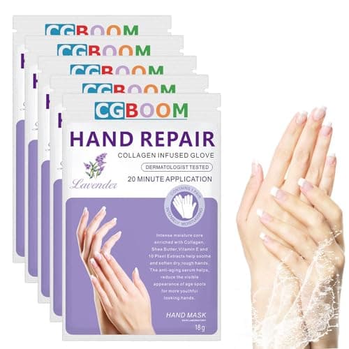 Image of 5 Pairs Hands Moisturizing Gloves, Hand Skin Repair Renew Mask w/Infused Collagen, Moisture Enhancing Gloves for Dry, Aging, Cracked Hands (Lavender)