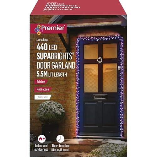 Image of Premier 5.5m 440 LED Supabright Door Garland with Timer – Rainbow Multi Action Christmas Lights for Indoor and Outdoor Use