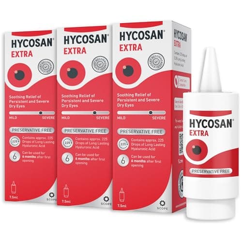 Image of Hycosan Extra - Eye Drops with Hyaluronic Acid for Soothing Relief of Severe and Persistent Dry Eyes - Contact Lens Compatible - Preservative Free (7.5 ml (Pack of 3))