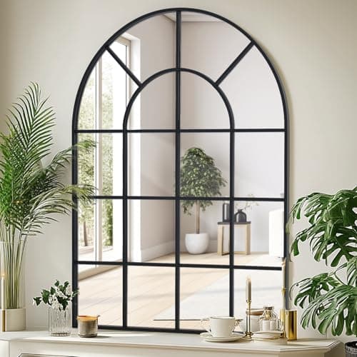 Image of LunaMirror 75x100 cm Arched Window Mirror Black Aluminum Frame Windowpane Wall Mirror for Indoor Living Room Hallway Entrance Outdoor Garden Decor