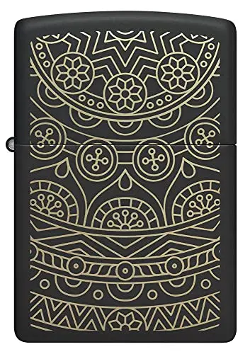 Image of Zippo Windproof Lighter - Gold Ornate Pattern - Black Matte Finish, Laser Engraving - Refillable - Reusable - Windproof Design - Gift Box - Metal - Made in USA