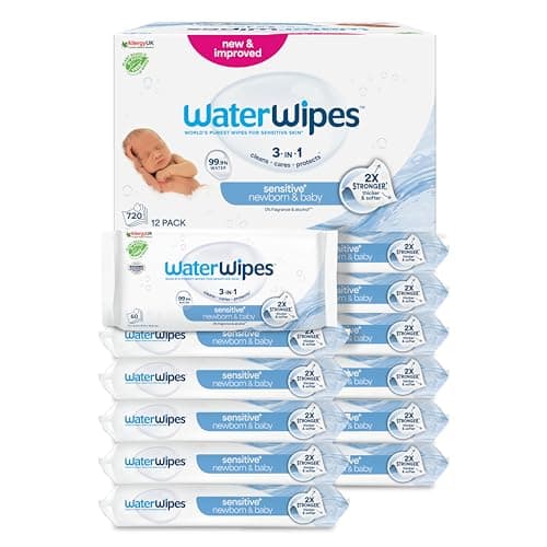 Image of WaterWipes Sensitive+ Newborn & Baby Wipes, 720 Wipes (12 Packs), 3-in-1 Cleaning, Care, Protection, 99.9% Water, Fragrance Free