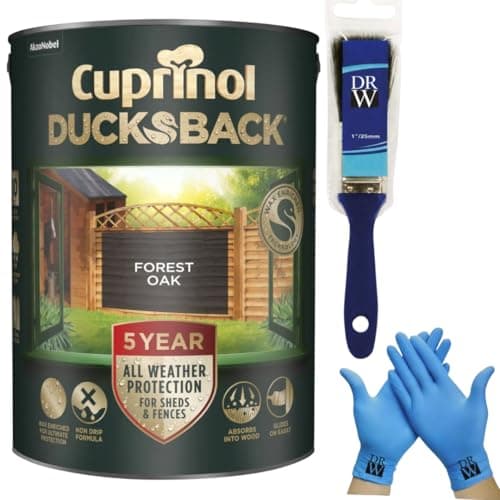 Image of DRW Cuprinol Ducksback Forest Oak Fence Paint 5L | 5‑Year Weatherproof Shed & + Free 4 Inch Fence Paint Brush & Nitrile Gloves – Wax‑Enriched, Non‑Drip, Quick‑Drying & Low‑Odour